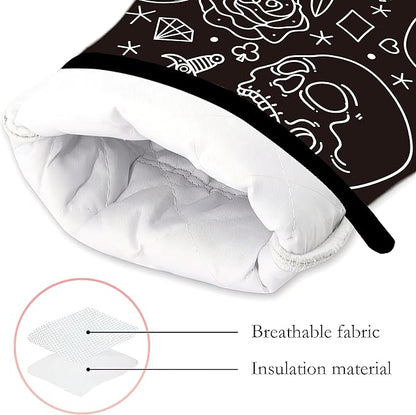 Skull Head with Rose Oven Mitts and Pot Holders Kitchen Cooking Gloves 2 Pcs Set Heat Resistant Pad for Baking BBQ Home Decor