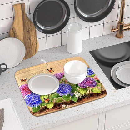 Vintage Hydrangea Dish Drying Mat Watercolor Floral Microfiber Absorbent Dish Drying Pad for Kitchen Counter Small - Image 6