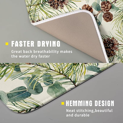 Winter Dish Drying Mat for Kitchen Counter 16x18 Christmas Evergreen Leaves Pinecone Holiday Theme Absorbent Reversible Microfiber Drying Mats Kitchen Countertop Protector Dishes Drainer Pad - Image 3