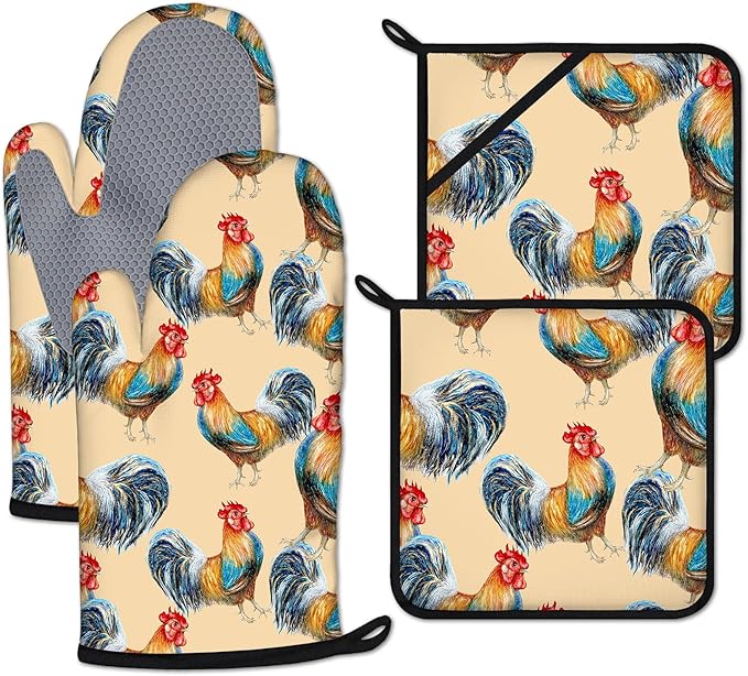 Watercolor Rooster Oven Mitts and Pot Holders Sets Heat Resistant 4Pcs Potholders Oven Gloves Hot Pads for Kitchen Baking Cooking Grilling BBQ
