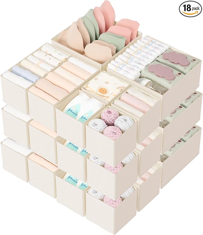 Criusia Drawer Organizer 18-Piece Set, Dresser Organizer for Baby Clothes, Foldable Closet Storage & Drawer Dividers for Underwear, Socks, Nursery (Beige) by Criusia