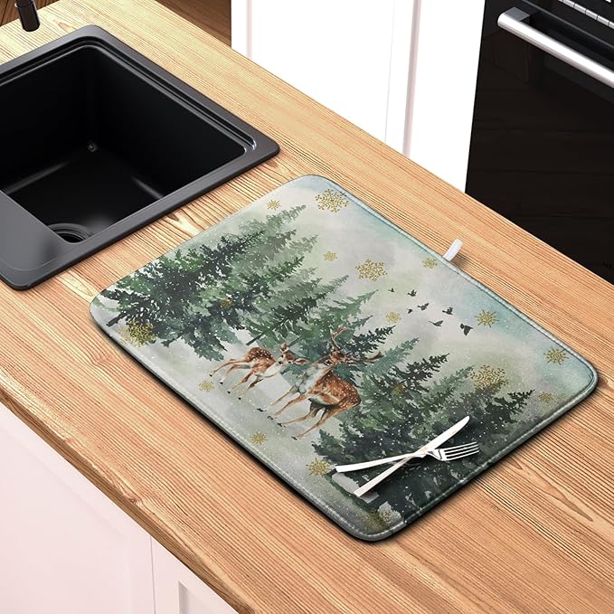Reindeer Tree Snowflakes Christmas Dish Drying Mats for Kitchen Counter 18x24 Inch Winter Forest Dish Drainer Mats Absorbent Reversible Dish Draining Microfiber Dishes Drying Pad - Image 6