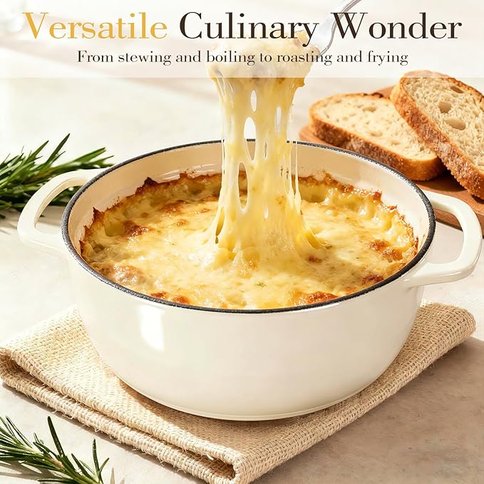 Umite Chef 6QT Enameled Cast Iron Dutch Oven with Lid, Versatile Heavy-Duty Cookware Pot for Baking Bread, Braising, Soups & Stews, Oven & Stovetop Safe with Heat Resistant Gloves（Cream White） - Image 4