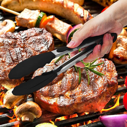 Premium Stainless Steel Heat Resistant Kitchen Tongs for cooking,set of 9" and 9" (Black),Non Scratch Silicone cooking Tong Tip for Cooking Pans,Strong Grip BBQ tongs for Grabbing Hot Food - Image 6