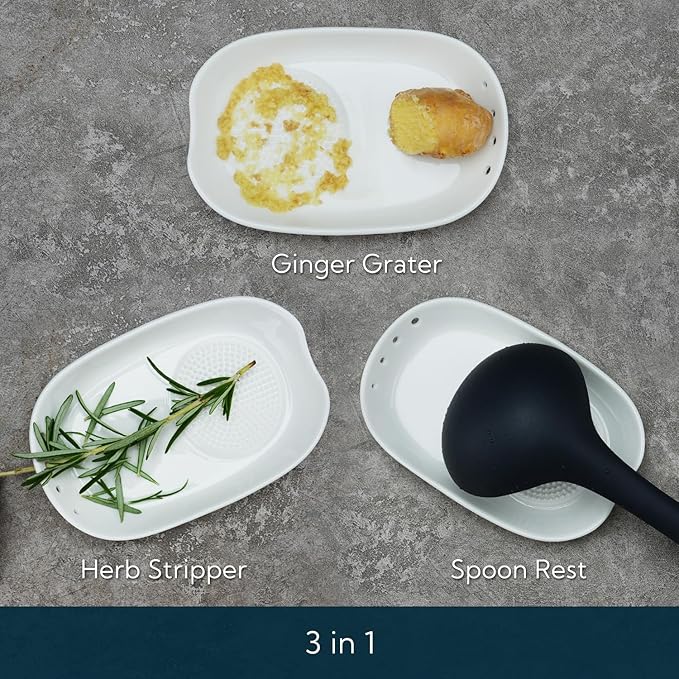 KITCHENDAO 3 in 1 Porcelain Ginger Grater Tool Spoon Rest Herb Stripper, 6.5 x 4.3 inches for Kitchen, Japanese Ceramic Garlic Grinding Wasabi Grater Plate Dish for Daikon Radish & Parmesan Cheese - Image 3