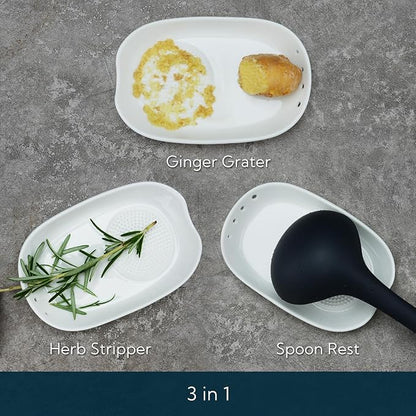 KITCHENDAO 3 in 1 Porcelain Ginger Grater Tool Spoon Rest Herb Stripper, 6.5 x 4.3 inches for Kitchen, Japanese Ceramic Garlic Grinding Wasabi Grater Plate Dish for Daikon Radish & Parmesan Cheese - Image 3