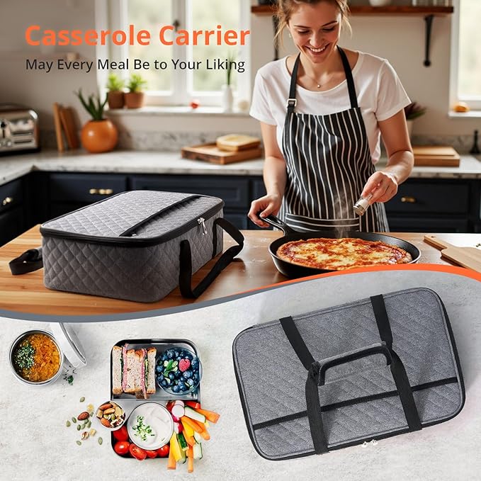 Insulated Casserole Carrier Portable Food Tote for Hot or Cold – Fits 9"x13" Baking Dish, Lasagna Holder for Parties, Picnic, Travel, Beach - Grey