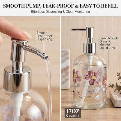 17oz Glass Soap Dispenser with Plastic Pump for Kitchen and Bathroom, Refillable Liquid Clear Bottle for Dish Soap & Hand Soap(Flower)
