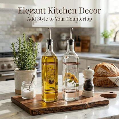 Topadorn 17 oz Olive Oil Dispenser Bottle Set for Kitchen, 2 Pcs Glass Oil Dispenser Bottle with Stainless Steel Pourers, 2 Packs of Napkins, Sunflower