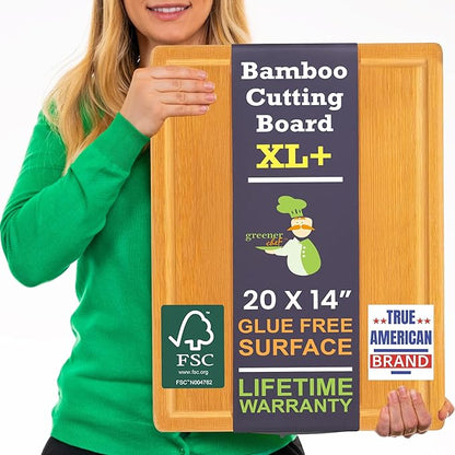 20 Inch Bamboo Wood Cutting Board Featuring Super-Sized Glue-Free Surface™ – Heavy Duty Butcher Block for Safe Meal Prep, Chopping & Carving with Lifetime Replacements - Rectangle by GreenerChef