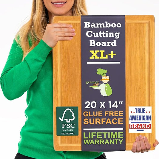 20 Inch Bamboo Wood Cutting Board Featuring Super-Sized Glue-Free Surface™ – Heavy Duty Butcher Block for Safe Meal Prep, Chopping & Carving with Lifetime Replacements - Rectangle by GreenerChef