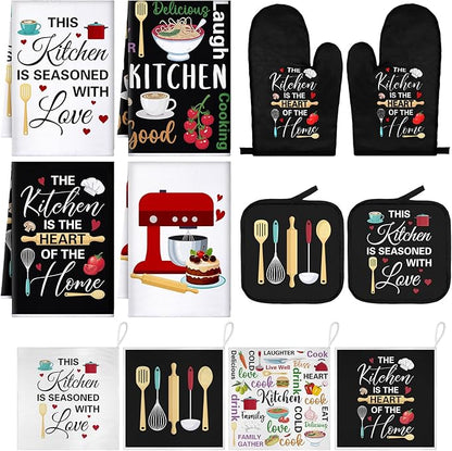 12 Pcs Farmhouse Kitchen Decoration Set 4 Funny Quote Black Kitchen Towels 4 Absorbent Dishcloths 2 Pot Holders 2 Oven Mitts Gloves for Home Decorations Mom Gifts