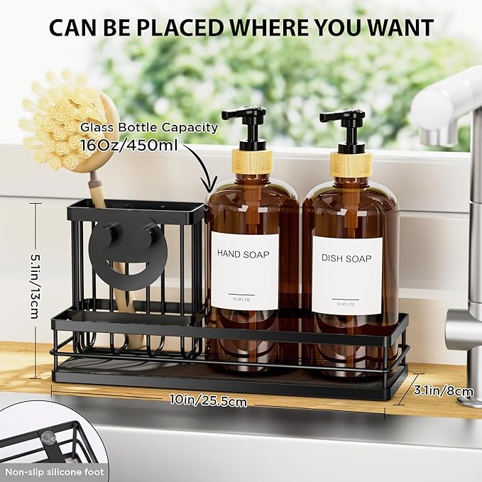 Moforoco Kitchen Dish Soap Dispenser Set, 16OZ Glass Bottle, Hand and Dish Soap Dispenser Set, Instant Dry Tray, Brush Holder with Smiley Face Sponge Holder (Black Tray+Amber Bottle+Labels) - Image 2