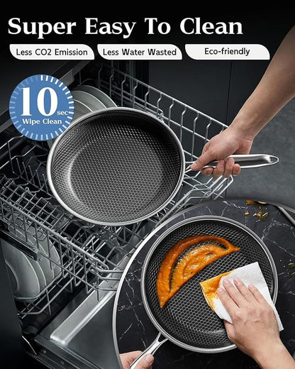 Honeycomb Stainless Steel Nonstick Frying Pan, Induction Cooktop Compatible Skillet, PFOA-Free Scratch-Proof, Dishwasher & Oven Safe, Stay-Cool Handle, Silver Kitchen Cookware - Image 6