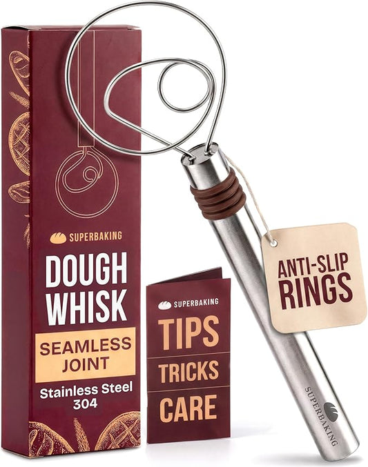 Superbaking Danish Dough Whisk - 12" Bread Whisk for Dough Mixing - Single Eye Design Sourdough Whisk - Sourdough Bread Baking Supplies - Bread Making Tools and Accessories - Ergonomic Stainless Steel