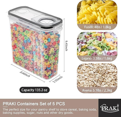 PRAKI 5PCS Cereal Containers Storage Set, BPA Free Airtight Food Storage Container Set with Lids, Kitchen Pantry Organization and Storage for Sugar, Baking Supplies with 20 Labels & Mark(4L Black) - Image 2