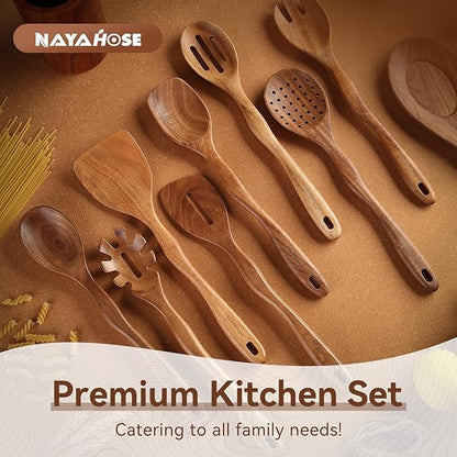 Wooden Spoons for Cooking, 10 Pcs Wood Utensils Set with Spoon Rest & Holder, Nonstick, Non Scratch, Easy Clean, Natural Teak Wooden Cookware for Cooking for Mom Wife Kitchen Gifts