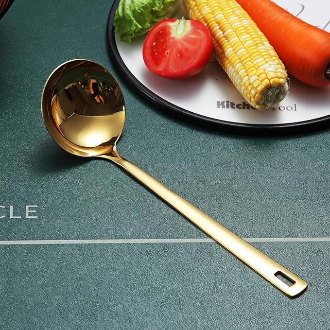 Gold Ladle, Berglander Stainless Steel Kitchen Ladle With Titainium Gold Plating, Soup Ladle, Cooking Ladle, Metal Soup Spoon For Cooking, Dishwasher Safe, Easy to Clean - Image 2