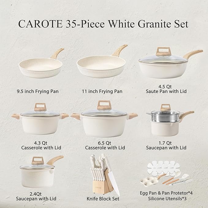 CAROTE ICE 35pcs Pots and Pans Set, Nonstick Cookware Sets, White Granite Induction Cookware with Kitchen Knife Set - Image 2