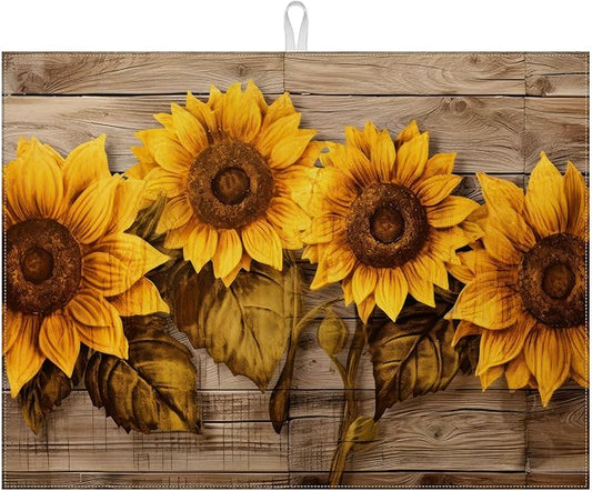 Vintage Sunflower Wooden Grain Dish Drying Mat for Kitchen Counter Drying Pad Absorbent Reversible Dish Drainer Rack Mats Draining Pad 18"x24"Inch by MOUNTANLLY