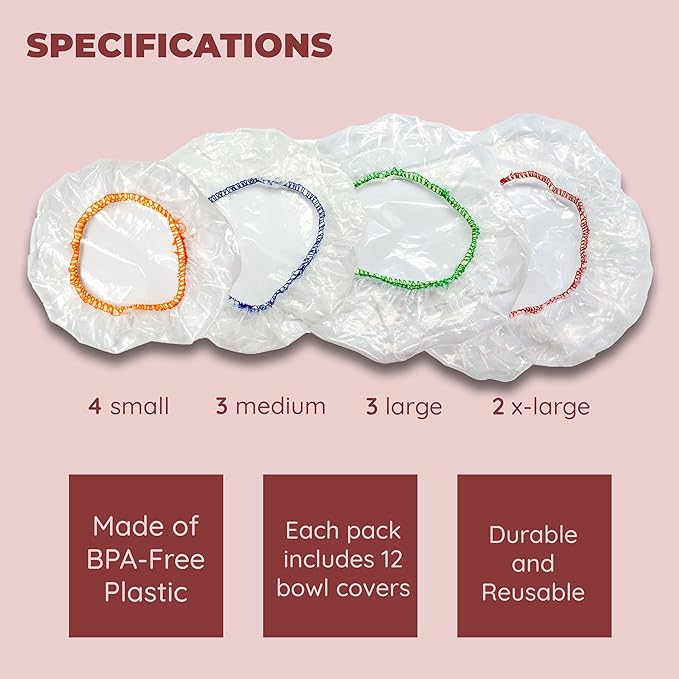 Culinary Elements Reusable Bowl Covers, Fits Small Bowls,12-Pack, 4 Sizes with Elastic, BPA-Free Plastic Food Storage Lids for Leftovers, Snacks & Prep Bowls - Image 5