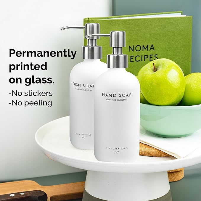 Vine Creations White Glass Soap Dispenser Set, Dish Soap and Hand Soap Dispenser Set with Stainless Steel Pump, 16 oz Glass Dispensers for Kitchen or Bathroom Decor (Matte White Bottle/Silver) - Image 3