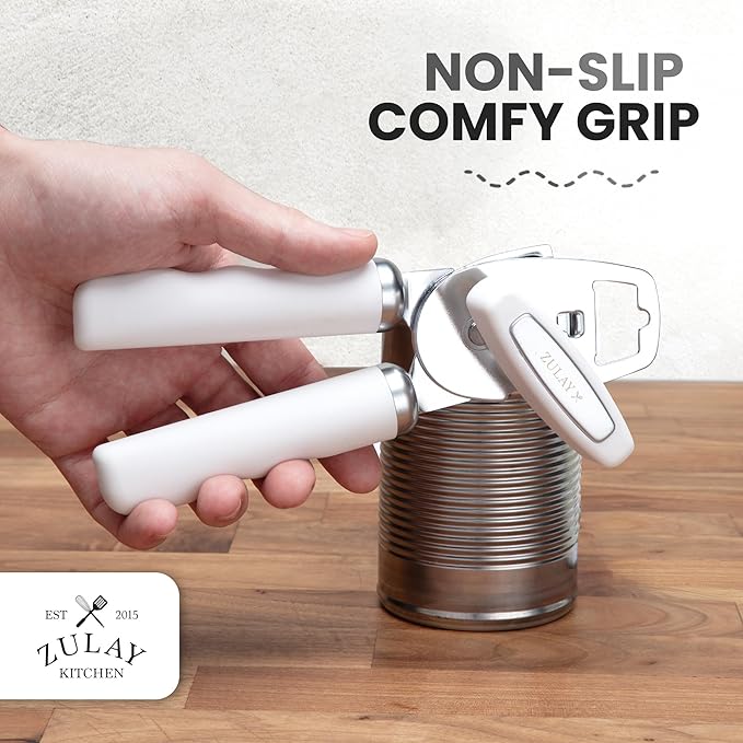 Zulay Kitchen Heavy Duty Stainless Steel Can Opener Manual with Bottle Opener - Rust Proof Manual Can Opener With Turn Knob & Comfy Soft Grip Handles - White - Image 5