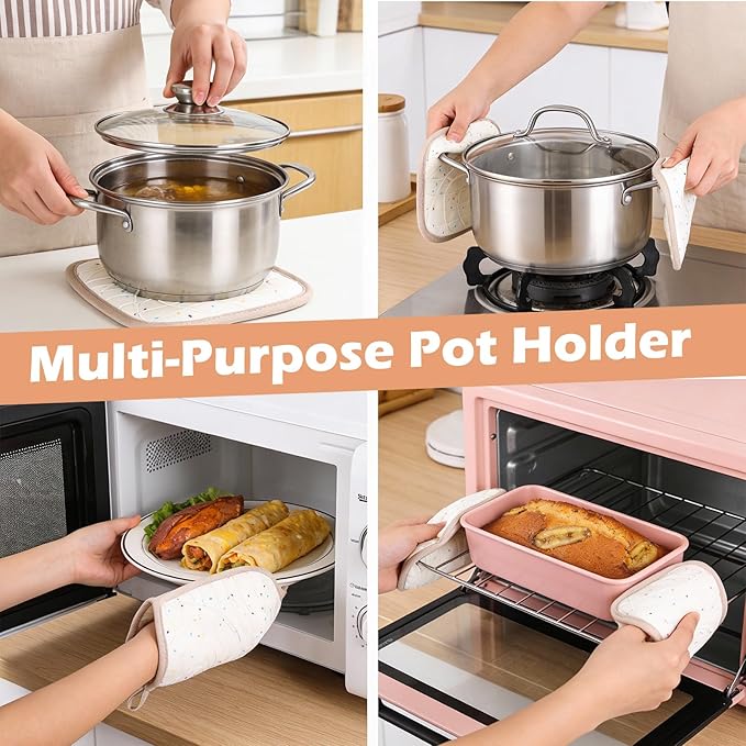 10 Pcs Kitchen Oven Mitts and Potholders Set with Hook and Oil Brush, Cooking Mittens Heat Resistant 500°F Silicone Oven Mittens for Kitchen Baking Cooking BBQ (Cream) - Image 5