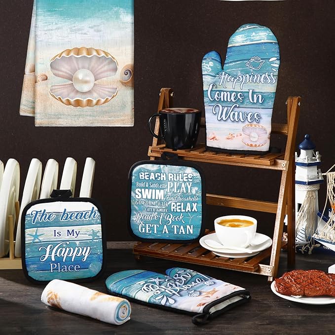 6 Pcs Summer Beach Kitchen Towels Pot Holders and Oven Mitts Set Include Coastal Dish Towel Beachy Rustic Oven Gloves Heat Resistant Potholders for Christmas Kitchen Gift - Image 6