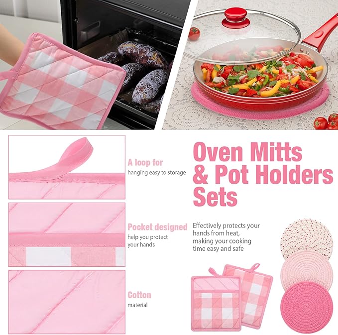 Sumind Pink Oven Mitts and Pot Holders 7 Sets, Heat Resistant Kitchen Gloves Pads Potholders for Mother Women Gifts Pot Holders Kitchen Accessories Gift(Pink White,Cotton,Plaid) - Image 5