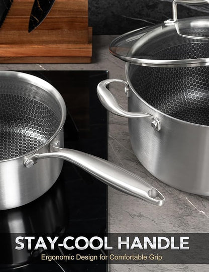 MICHELANGELO 6 Pcs Tri-ply Stainless Steel Pot Set, 2QT & 3QT & 8QT Pot with Lids, Nonstick HoneyComb Interior Cooking Pot Set, Compatible with All Cooktops, Oven & Dishwasher Safe - Image 3
