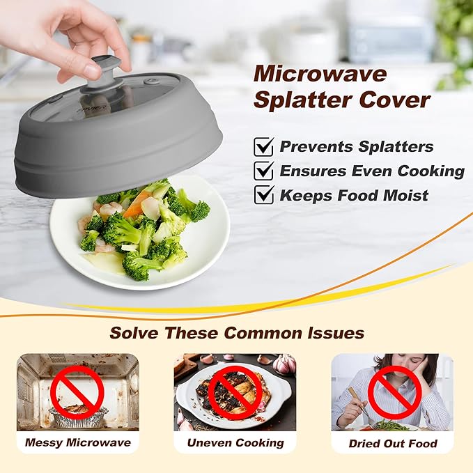 Microwave Splatter cover, Glass Microwave Cover for Food, 10.8 inch Guard Lid with Collapsible Silicone for 6-10 inch Plates & Bowls, Dishwasher Safe, 450°F Heat Resistant, BPA-Free, Gray