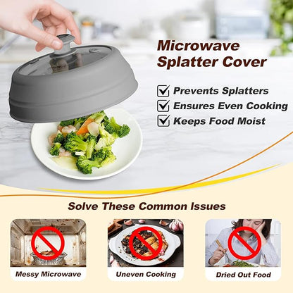 Microwave Splatter cover, Glass Microwave Cover for Food, 10.8 inch Guard Lid with Collapsible Silicone for 6-10 inch Plates & Bowls, Dishwasher Safe, 450°F Heat Resistant, BPA-Free, Gray