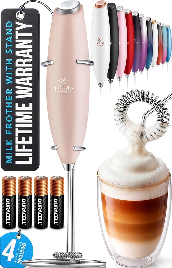 Zulay Kitchen Powerful Milk Frother Wand With 4 AA Duracell Batteries - Ultra Fast Handheld Drink Mixer - Electric Whisk Foam Maker for Coffee, Lattes, Cappuccino, Matcha & Creamer - Pink Salt by ZulayKitchen
