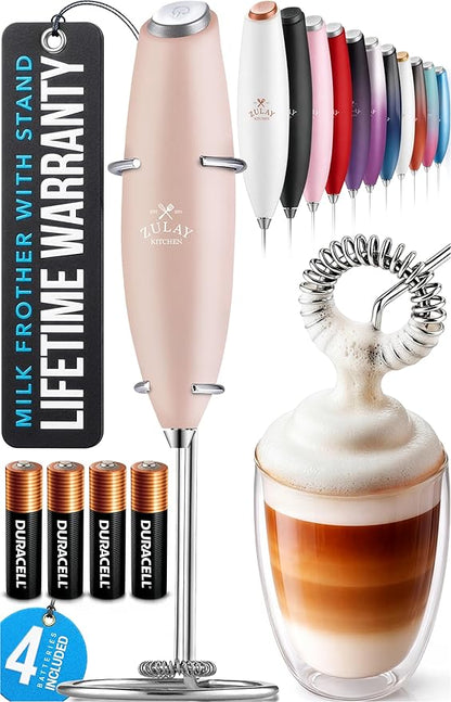 Zulay Kitchen Powerful Milk Frother Wand With 4 AA Duracell Batteries - Ultra Fast Handheld Drink Mixer - Electric Whisk Foam Maker for Coffee, Lattes, Cappuccino, Matcha & Creamer - Pink Salt by ZulayKitchen