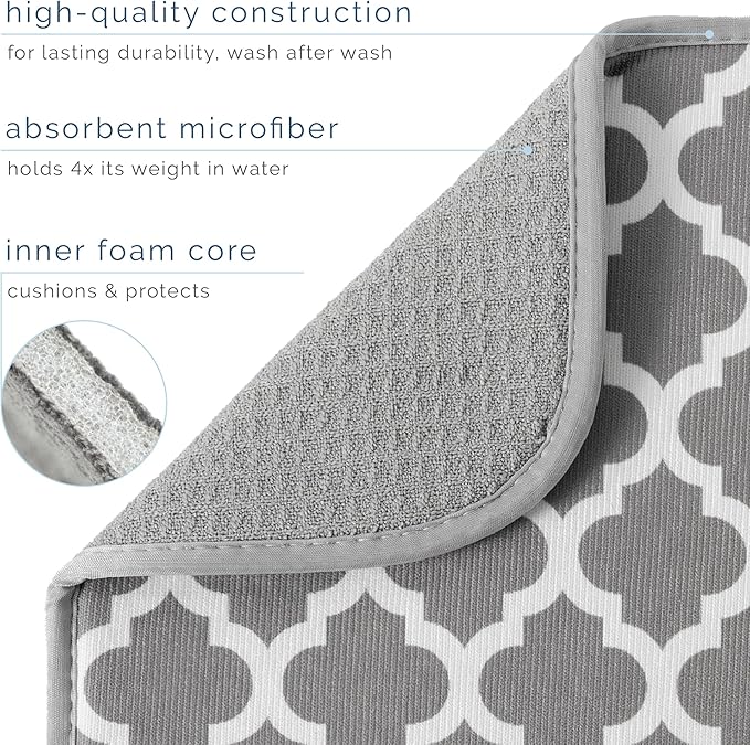 S&T INC. Dish Drying Mat, 16” x 18”, Absorbent Microfiber Kitchen Counter Mat, Dish Drying Pad for Dishes, Utensils, Pots and Pans, Large, White Trellis - Image 3