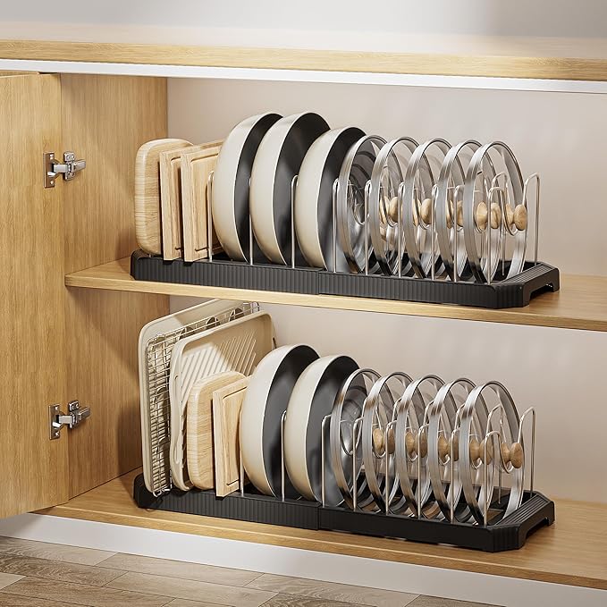 MUDEELA Pot Lid Organizer Rack for Cabinet, Expandable Pots and Pans Organizer under Cabinet with 12 Adjustable Dividers, Pan Organizers Holder inside Cabinet for Cutting Boards, Baking Sheets, Black - Image 8