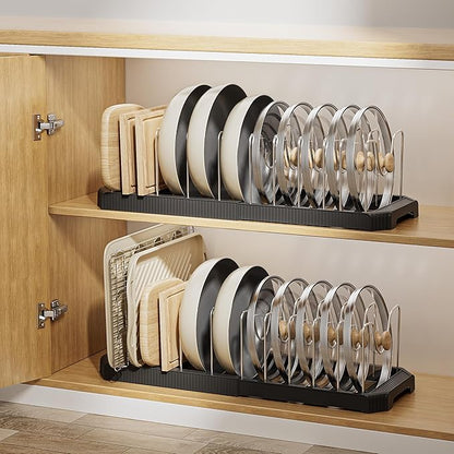 MUDEELA Pot Lid Organizer Rack for Cabinet, Expandable Pots and Pans Organizer under Cabinet with 12 Adjustable Dividers, Pan Organizers Holder inside Cabinet for Cutting Boards, Baking Sheets, Black - Image 8