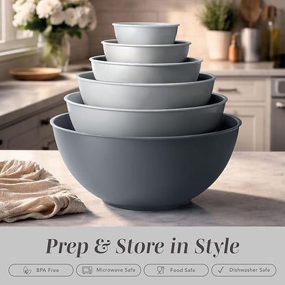 COOK WITH COLOR Mixing Bowls Set with TPR Lids - 12 Piece Plastic Nesting Bowls Set includes 6 Prep Bowls and 6 Lids, Microwave Safe (Grey) - Image 3