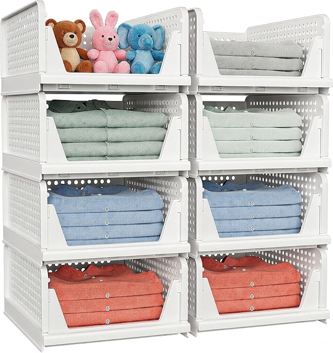 4 Pack Stackable Closet Storage Basket - Stackable Storage Bins, Multifunctional & Foldable Closet Organizer Divided, Wardrobe Cupboard Space-Saving Clothes Storage Hat Organizer, White - Image 4