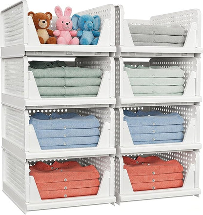 4 Pack Stackable Closet Storage Basket - Stackable Storage Bins, Multifunctional & Foldable Closet Organizer Divided, Wardrobe Cupboard Space-Saving Clothes Storage Hat Organizer, White - Image 4