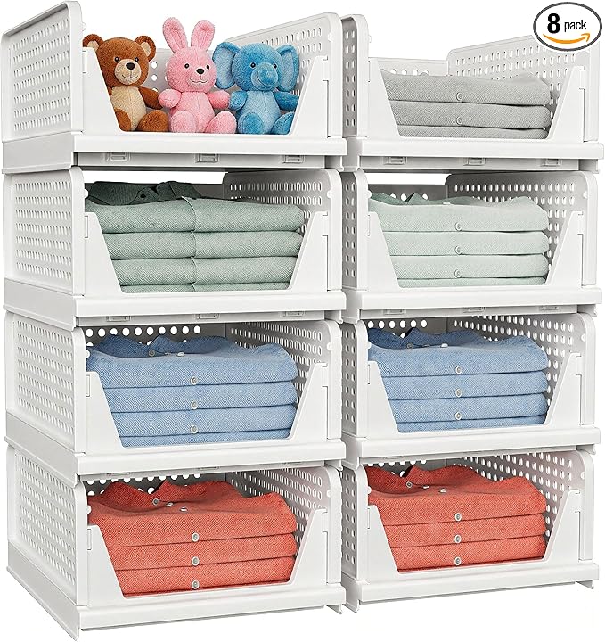 8 Pack Stackable Closet Storage Basket - Stackable Storage Bins, Multifunctional & Foldable Closet Organizer Waterproof, Wardrobe Cupboard Space-Saving Hat Storage Drawer Organizer, White by shoeboxesanddeskorganizers