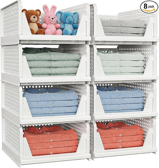 8 Pack Stackable Closet Storage Basket - Stackable Storage Bins, Multifunctional & Foldable Closet Organizer Waterproof, Wardrobe Cupboard Space-Saving Hat Storage Drawer Organizer, White by shoeboxesanddeskorganizers
