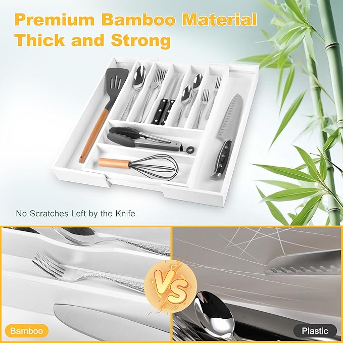 Large Premium Bamboo Silverware Organizer - Expandable Drawer Organizer & Utensil Organizer - 17"x19.7" Cutlery Tray with Dividers for Kitchen Utensils and Flatware (7-9 Slots) (White) - Image 4