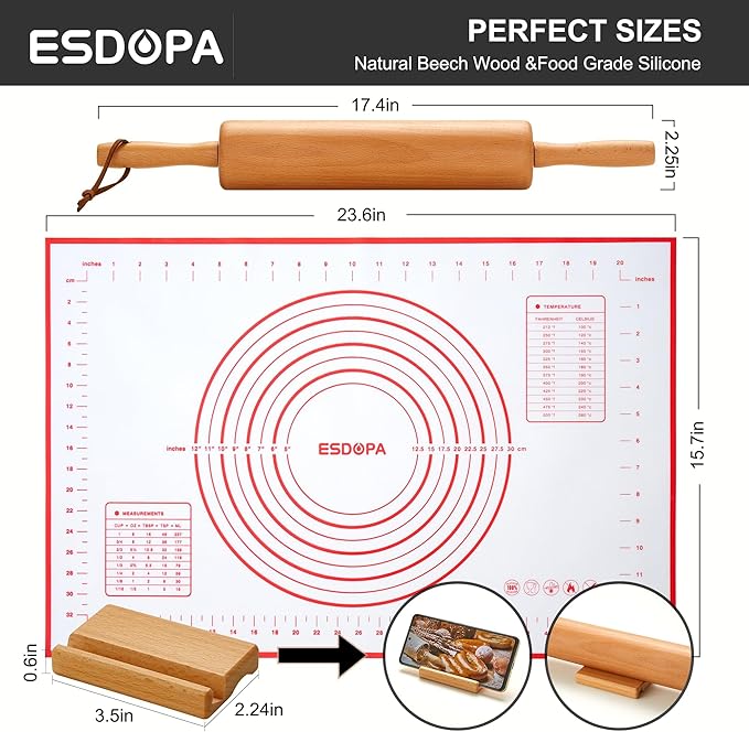 Classic Wood Rolling Pin - Wooden Rolling Pins for Baking Silicone Mat Set, Dough Roller with Wood Base, Fondant Roller for Pie Crust Cookies Pizza Dough and Bread, 17 Inch - Image 3