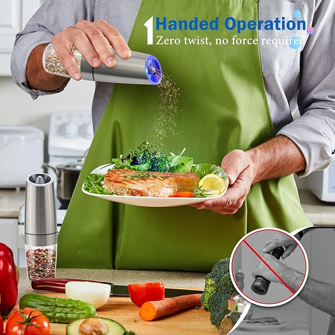 Gravity Electric Salt and Pepper Grinder Set, Battery Powered LED Light One Hand Automatic Operation, Adjustable Coarseness Mill Grinders Shakers Black (B.Silver 2p)