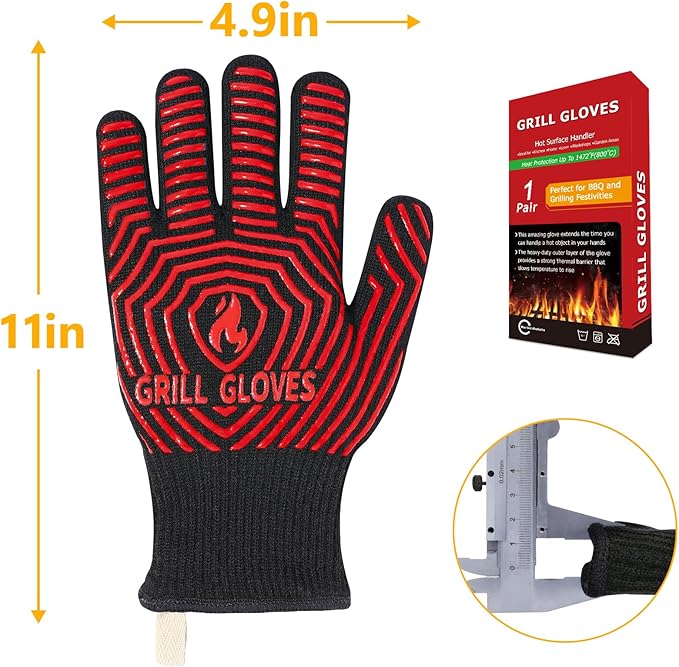 QUWIN BBQ Gloves, BBQ Accessories 1472℉ Extreme Heat Resistant, Grilling Gloves Silicone Non-Slip Oven Mitts, Kitchen Gloves for BBQ, Grilling, Cooking, Baking-1 Pair 11inch, Red - Image 7