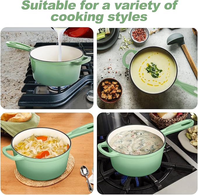 HaSteeL 1 QT Cast Iron Saucepan, Mini Enamel dutch oven with lid, Small Non Stick Pan for Milk, Pasta Tomato Sauce, Butter, Breakfast, Soup, Suitable for Boiling Stewing Frying, Easy to Clean, Green