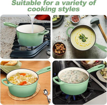 HaSteeL 2 QT Cast Iron Saucepan, Mini Enamel dutch oven with lid, Small Non Stick Pan for Milk, Pasta Tomato Sauce, Butter, Breakfast, Soup, Suitable for Boiling Stewing Frying, Easy to Clean, Green