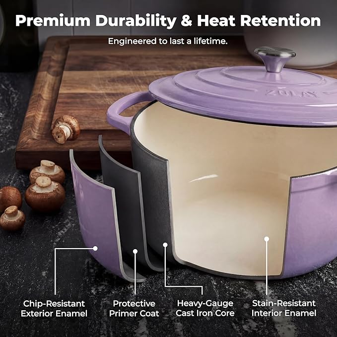 Zulay Kitchen 6 Quart Enameled Cast Iron Dutch Oven Pot with Lid – Premium Durability & Oven Safe up to 500°F – Heavy Duty Cookware Perfect for Bread Baking, Stews, Braising & Roasting - Lavender Jade - Image 5